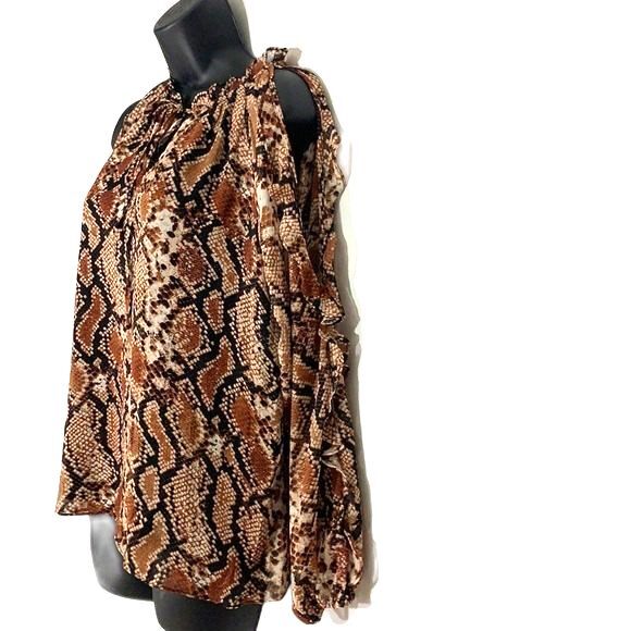 1. State Serene Snake Print Ruffled Cold Shoulder Blouse Brown Black Size Small - Picture 4 of 11